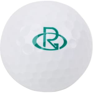 A white golf ball with a green logo, featuring a dimpled surface design.