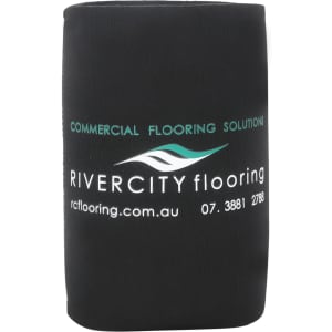 A foldable stubby holder in black with a logo and text for a flooring company.