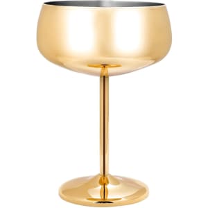 A stainless steel cocktail coupe in a shiny gold finish, featuring a tall stem and round base.