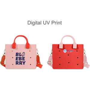 A pink and red EVA tote bag featuring holes and carrying handles, with one bag displaying a logo.
