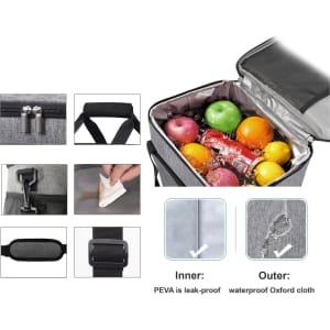 A grey cooler bag with a sturdy handle, filled with drinks and fresh fruit, featuring a waterproof exterior.