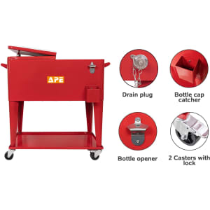 A red cooler box trolley with a drain plug, bottle cap catcher, bottle opener, and two locking casters. It features a logo.