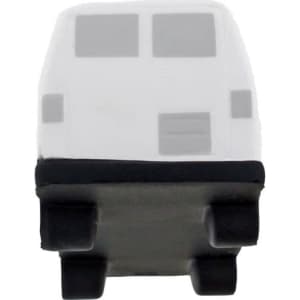 A white van-shaped stress reliever with a black base, featuring a simple design and a logo on it.