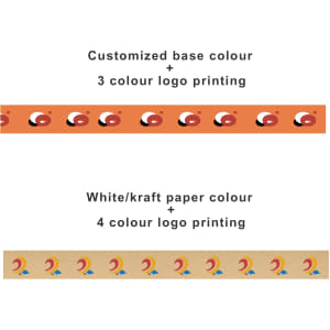 Two rolls of water-activated gummed kraft paper tape in orange and kraft paper colours, each with distinct logo designs.