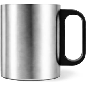 A stainless steel insulated mug with a black plastic handle, available in 170ML and 270ML sizes. Features a logo.