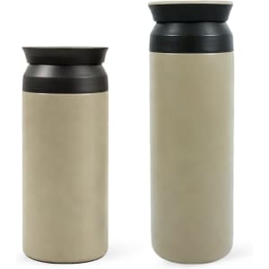 A drink bottle set featuring two double wall stainless steel bottles in a beige and black colour scheme, with a logo.