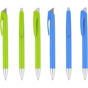 A collection of plastic pens in bright green and blue, featuring silver tips and clips, with branding on some.