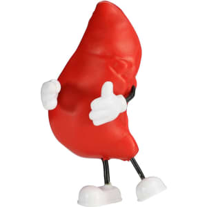 A red liver-shaped stress reliever with white hands and legs, featuring a cheerful expression.
