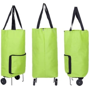 A bright green collapsible shopping trolley bag with black straps and a side pocket, featuring wheels for easy transportation.