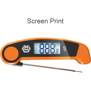 A digital instant read meat thermometer in orange with a stainless steel probe and a digital display.