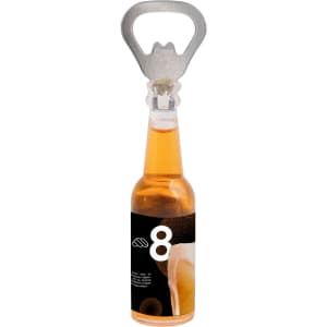 A drink bottle shaped opener with a metallic silver top and an amber-coloured bottle design, featuring a logo.