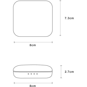 A compact, square case measuring 8cm with rounded edges, featuring three small indicator lights on one side.