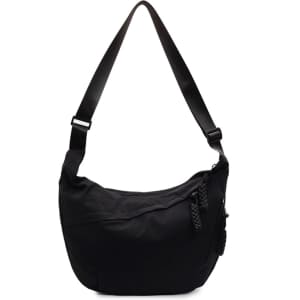 A black crossbody bag with a sleek design and adjustable strap, featuring a side zipper and logo.