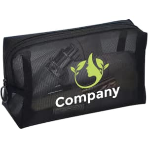 A black nylon mesh cosmetic bag with a zip closure and a logo on the front.