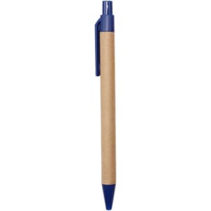 A kraft paper pen with a blue plastic tip and clip, featuring a simple design and logo.