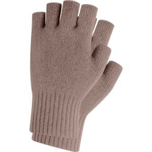 Fingerless gloves in a soft taupe colour, featuring a ribbed texture and a woven label.