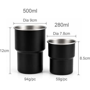 A stainless steel camping mug set in black, featuring a 500ml and a 280ml size, with labelled dimensions.
