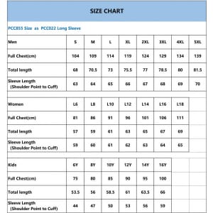 A size chart detailing measurements for men's, women's, and kids' long sleeve shirts.