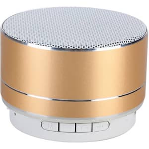 A gold Bluetooth speaker with a silver mesh top and control buttons on the base, featuring a sleek design.