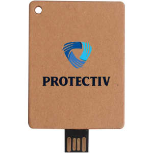 A brown eco-friendly flash drive with a black USB connector and a logo on the surface.
