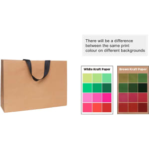 A medium brown Kraft paper bag with a black flat handle, showcasing various print colour swatches on the side.