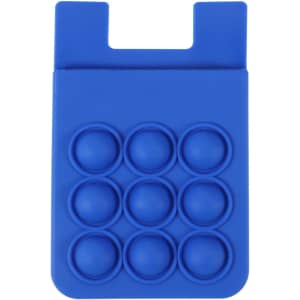 A blue silicone phone wallet featuring nine textured bubbles, with a slot at the top and a branding logo.