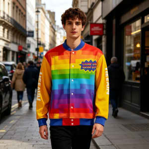 A vibrant unisex polyester spandex track jacket featuring rainbow colours and a logo, set in an urban street scene.