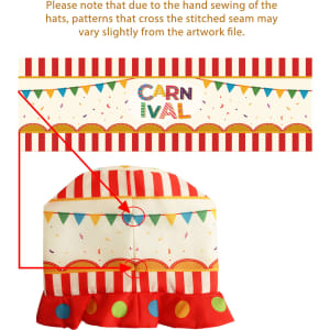 A custom digital printed top hat featuring festive stripes and colourful polka dots with a playful design.