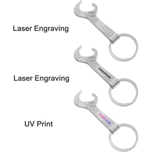A drink bottle opener in the shape of a wrench, made of metal, featuring a keyring and options for engraving or print.
