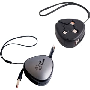 A triangular retractable portable charging cable in black and silver with a logo and a loop for easy carrying.