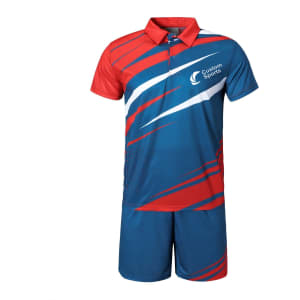 A set of unisex adult sports shorts and polo shirt in blue, red, and white, featuring a logo and dynamic design.