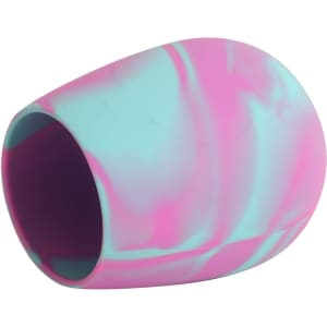 A custom egg-shaped silicone cup in a vibrant pink and turquoise colour with a smooth finish.