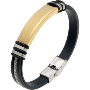 A sleek bracelet featuring a gold-tone centrepiece, black band, and silver accents with a buckle latch.