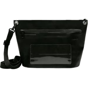 A black PVC crossbody phone bag with a strap and a front pocket. It features a transparent section for identification.