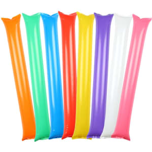 Inflatable Bang Bang Sticks in vibrant colours: orange, green, blue, yellow, purple, white, and pink, arranged in a row.