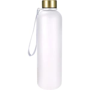 A drink bottle in translucent white with a gold lid and a strap, featuring a logo on the side.