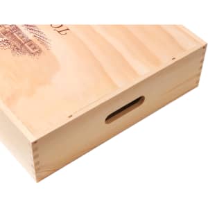 A wooden gift box in natural wood colour with a side handle, featuring decorative engraving.