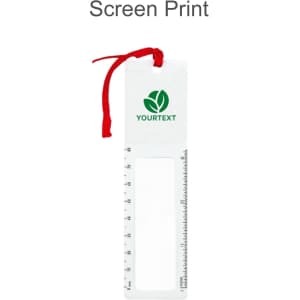 A transparent magnifying bookmark ruler in white with a red ribbon attached and a logo at the top.