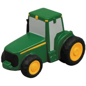 A green and yellow tractor-shaped stress reliever with a glossy finish and detailing on the body.
