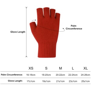 A pair of red knitted fingerless gloves with a woven label, featuring size and measurement details.
