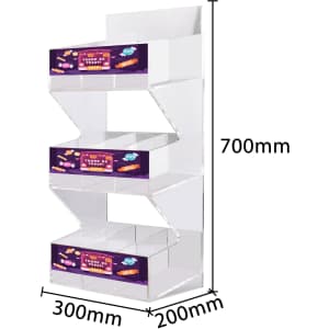 A clear acrylic display stand with three levels, measuring 700mm tall, 300mm wide, and 200mm deep.