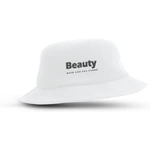 A white terry towelling bucket hat featuring a branding logo. Suitable for leisure and outdoor activities.