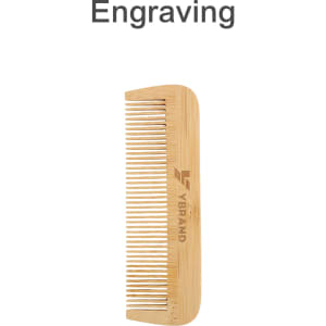 A fine-tooth bamboo small comb with a light wooden finish and a branding logo engraved on it.