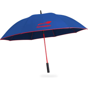 A blue and red umbrella with a handle, featuring a logo on the canopy.
