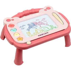 A pink magnetic drawing board with a stand, featuring a colourful drawing area and buttons in various shapes.