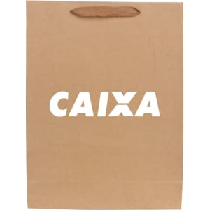 A large brown paper bag with a fabric flat handle and a logo on the front.