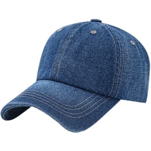 A denim baseball cap in a light blue shade with a curved brim and stitching details. It features a logo on the front.