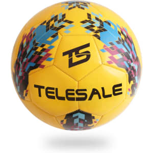 A vibrant yellow soccer ball with a colourful geometric design and a logo. Suitable for training and outdoor activities.
