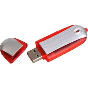 A red Galaxy Flash Drive with a removable silver cap, featuring a sleek design and a USB connector.