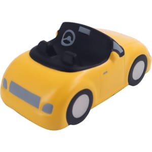 A yellow sports car-shaped stress reliever with a black interior and steering wheel design.